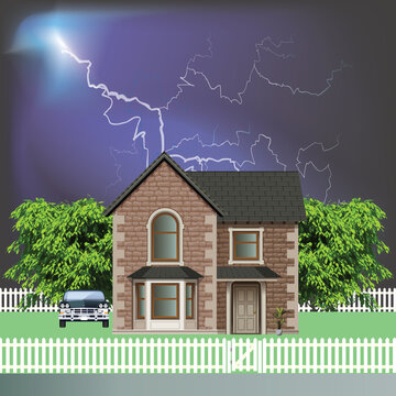 Detached residential house on a suburb street with white picket fence and gate set against a stunning lightning storm sky