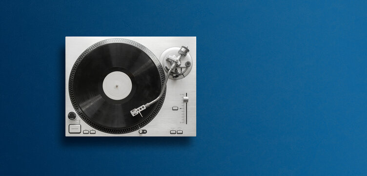 top view of a classic record player flat lay, simple minimalism concept wit copy space Stock Photo Stock