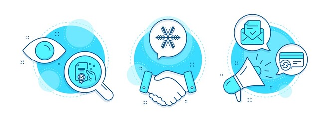 Approved mail, Certificate and Snowflake line icons set. Handshake deal, research and promotion complex icons. Change card sign. Confirmed document, Certified guarantee, Air conditioning. Vector