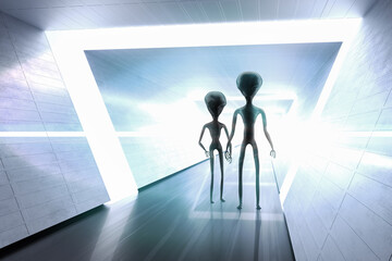 Obraz premium Silhouettes of spooky aliens and bright light in background. 3D