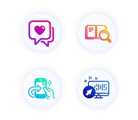 Share call, Heart and Search book icons simple set. Button with halftone dots. Web system sign. Phone support, Love chat, Online education. Computer. Business set. Vector