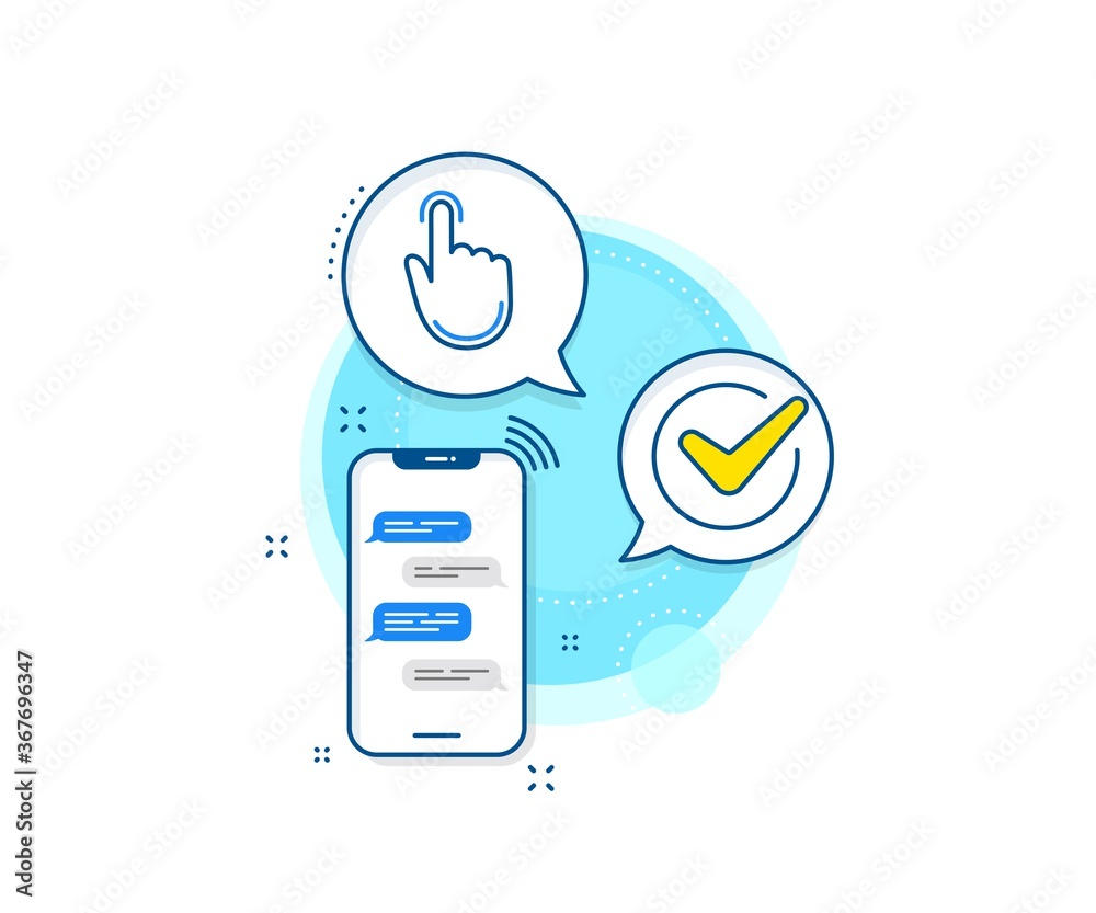 Poster finger touch sign. phone messages complex icon. hand click line icon. cursor pointer symbol. messeng