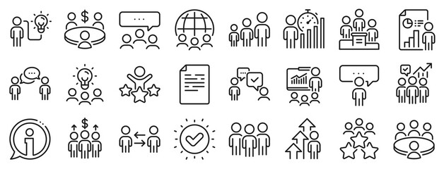 Conference, seminar, classroom. Meeting line icons. Team, work and business idea icons. Discussion, classroom job, people management. Presentation, office meeting, consultation. Vector