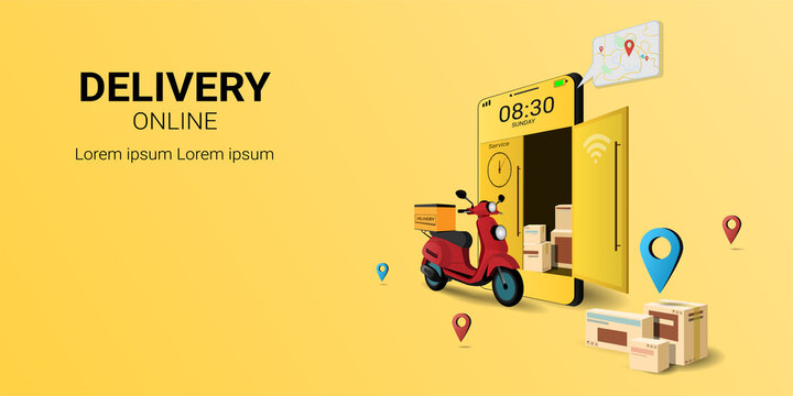 Fast delivery package by scooter on mobile phone. Online delivery service. Internet e-commerce.