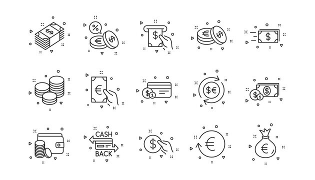 Cash, Wallet and Coins. Money and payment line icons. Account cashback linear icon set. Geometric elements. Quality signs set. Vector