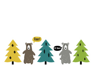 Kids bear and fir-tree nursery forest. Card with border. Doodle scandinavian simple illustration set. Baby boy bear and nature graphic objects isolated on white background.