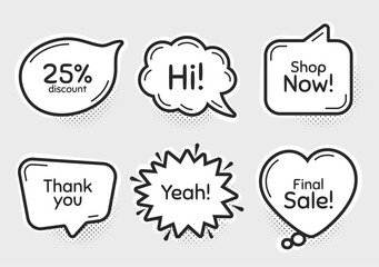 Comic chat bubbles. Shop now, 25% discount and final sale. Thank you, hi and yeah phrases. Sale shopping text. Chat messages with phrases. Drawing texting thought speech bubbles. Vector