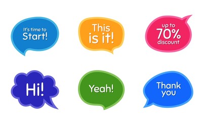 Time to start, 70% discount. Colorful chat bubbles. Thank you phrase. Sale shopping text. Chat messages with phrases. Texting thought bubbles. Vector