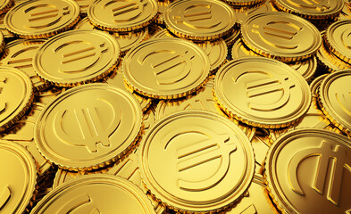 Background of gold coins with Euro sign. 3D illustration