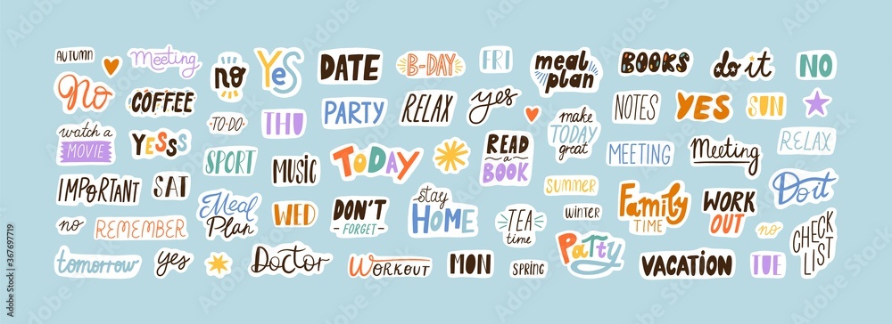 Poster collection of sticker words template vector flat illustration. bundle of decoration for weekly or da