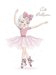 Hand drawn beautiful, lovely, little ballerina with bow on her head. Vector illustration. Dancing ballet girl. - obrazy, fototapety, plakaty