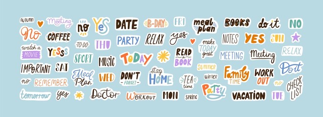 Collection of sticker words template vector flat illustration. Bundle of decoration for weekly or daily planner and diaries isolated on white. Funny decor with trendy lettering and design elements