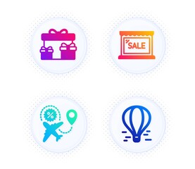 Sale, Surprise boxes and Flight sale icons simple set. Button with halftone dots. Air balloon sign. Shopping store, Holiday gifts, Travel discount. Flight travel. Holidays set. Vector
