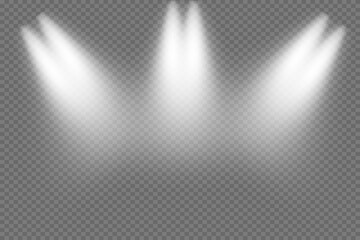 Set of Spotlight isolated on transparent background. Vector glowing light effect with gold rays and beams