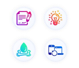 Water splash, Idea and Signing document icons simple set. Button with halftone dots. Recovery devices sign. Aqua drop, Creativity, Contract. Backup data. Science set. Vector