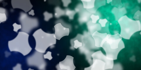 Abstract dark blue and light green background with flying rounded clover shapes