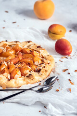 Galette tart pie with fresh apricot on light background