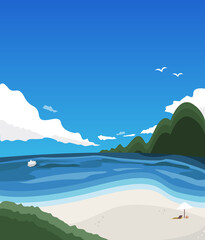 青空の海辺のイラスト　バカンスのイメージ素材　　ベクター