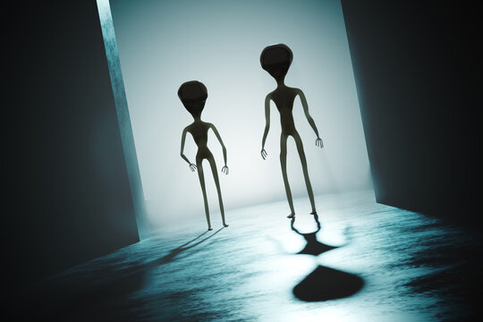 Silhouettes of spooky aliens and bright light in background. 3D rendered illustration.