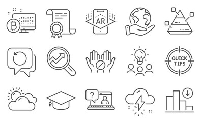 Set of Science icons, such as Faq, Sunny weather. Diploma, ideas, save planet. Thunderstorm weather, Tips, Pyramid chart. Medical tablet, Augmented reality, Decreasing graph. Vector