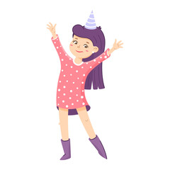 Girl is waving by hand. Welcome sign for the party. Birthday invitation