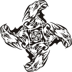 Tribal eagle cross creating illusion. Bald eagle cross as a symbol of power in black and white for emblems, tattoos, logos, embroidery, engraving, textiles, labels, prints on t-shirts, etc.
