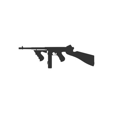 Black silhouette of automatic weapon tommy gun. Thompson submachine gun vector isolated.