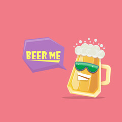 vector cartoon funky beer glass character with sunglasses isolated on pink background. Vector funny beer label or poster design template. International beer day cartoon comic poster or greeting banner