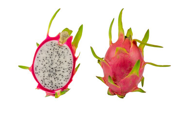 Obraz premium Dragon fruit round and half sliced isolated on white, clipping path