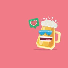 vector cartoon funky beer glass character with sunglasses isolated on pink background. Vector funny beer label or poster design template. International beer day cartoon comic poster or greeting banner