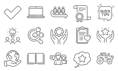 Set of Business icons, such as People talking, Chemistry lab. Diploma, ideas, save planet. Queue, Ranking, Notebook. Tractor, Patient history, Tick. Employee hand, Quick tips, Loyalty star. Vector