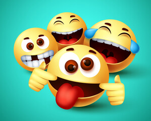 Emoji smiley funny friends taking selfie vector characters. Smiley emoji of friendship emoticon in happy smiling, silly, funny and crazy facial expression in green background. Vector illustration.

