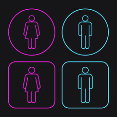 Man and woman square and round icon set. Male and female gender profile symbol. Men and women wc logo. Toilet and bathroom sign. Person outline silhouette. Vector illustration image.