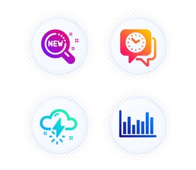 Thunderstorm weather, New products and Clock icons simple set. Button with halftone dots. Bar diagram sign. Thunder bolt, Search, Time. Statistics infochart. Science set. Vector