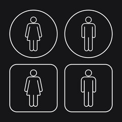 Man and woman square and round icon set. Male and female gender profile symbol. Men and women wc logo. Toilet and bathroom sign. Person outline silhouette. Vector illustration image.