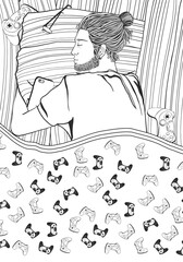 Sleeping young man. Gamer. Computer game player. Coloring book page for adults and children. A4 size.