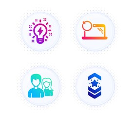 Inspiration, Couple and Recovery laptop icons simple set. Button with halftone dots. Shoulder strap sign. Creativity, Male and female, Backup data. Star rank. Business set. Vector