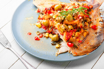 Flounder with vegetables on table