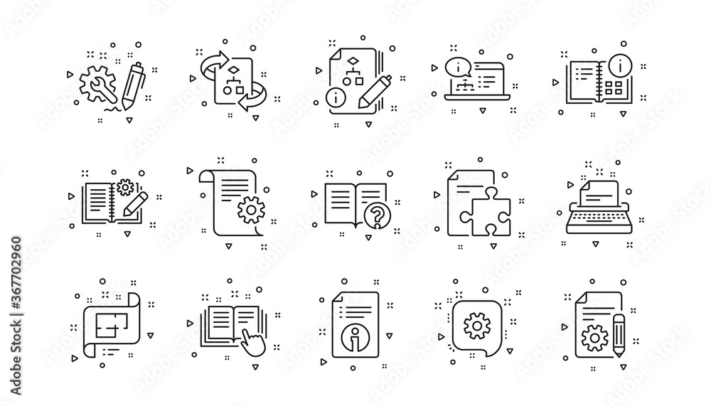 Poster instruction, plan and manual. technical documentation line icons. algorithm linear icon set. geometr