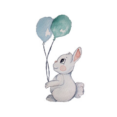 Watercolor cute animals isolated on white background. Cute cartoon rabbit illustration.