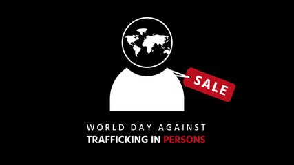World day against trafficking in persons lettering, world map with user icon (persons) and red label with sale alphabet, human trafficking concept, vector illustration for graphic design
