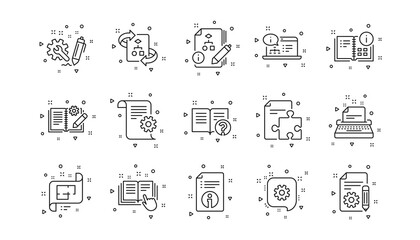 Instruction, Plan and Manual. Technical documentation line icons. Algorithm linear icon set. Geometric elements. Quality signs set. Vector
