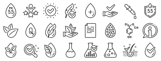 Dermatologically tested, Alcohol free and Paraben chemical formula icons. No artificial colors, Anti-dandruff flakes free line icons. Hypoallergenic tested, Neutral ph and Organic. Vector