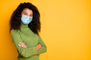 Profile side view portrait of her she nice attractive wavy-haired girl folded arms wearing safety...