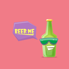vector cartoon funky beer bottle character with sunglasses isolated on pink background. Vector funny beer label or poster design template. International beer day cartoon comic poster or banner
