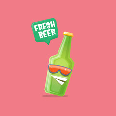 vector cartoon funky beer bottle character with sunglasses isolated on pink background. Vector funny beer label or poster design template. International beer day cartoon comic poster or banner