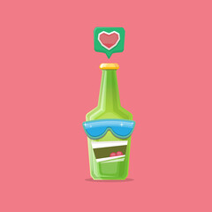 vector cartoon funky beer bottle character with sunglasses isolated on pink background. Vector funny beer label or poster design template. International beer day cartoon comic poster or banner
