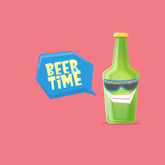 vector cartoon funky beer bottle character with sunglasses isolated on pink background. Vector funny beer label or poster design template. International beer day cartoon comic poster or banner