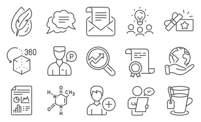 Set of Business icons, such as Chemical formula, Hypoallergenic tested. Diploma, ideas, save planet. Add person, Valet servant, Customer survey. Vector