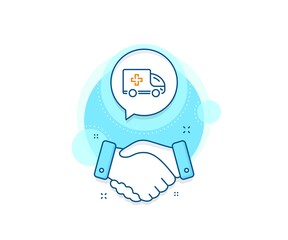 Hospital transportation vehicle sign. Handshake deal complex icon. Ambulance emergency car line icon. Medical symbol. Agreement shaking hands banner. Ambulance emergency sign. Vector